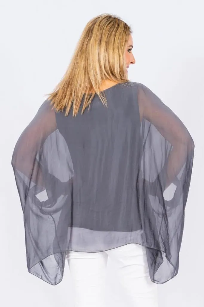 Allegra Batwing Silk Top - Charcoal