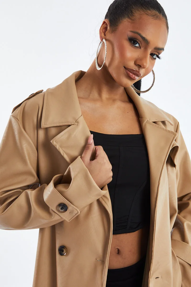 Beige Faux Leather Oversized Double Breasted Trench Coat- Xia