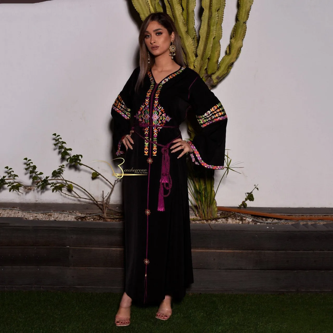 Black and Purple Embroidered Kaftan