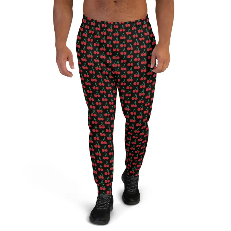 Black Red Cherries Men's Joggers, Designer Cherry Print Sweatpants For Men-Made in EU