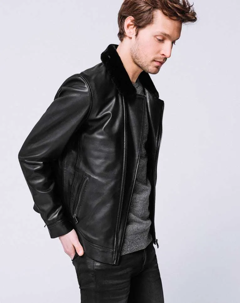 BLOUSON CUIR COL FOURRURE