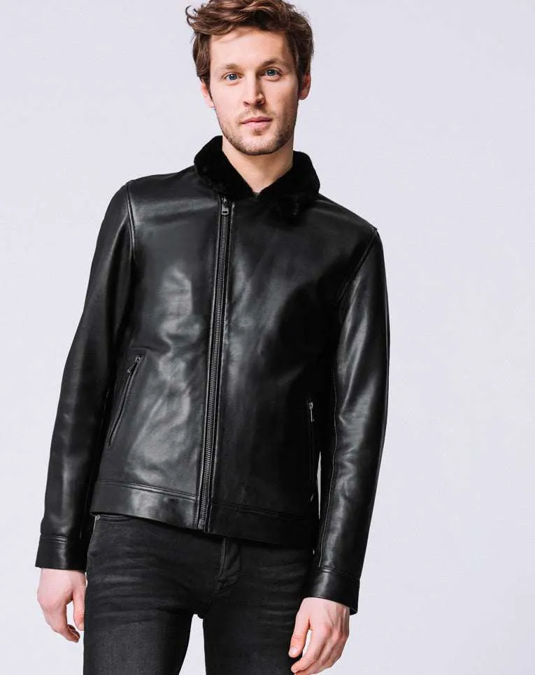 BLOUSON CUIR COL FOURRURE