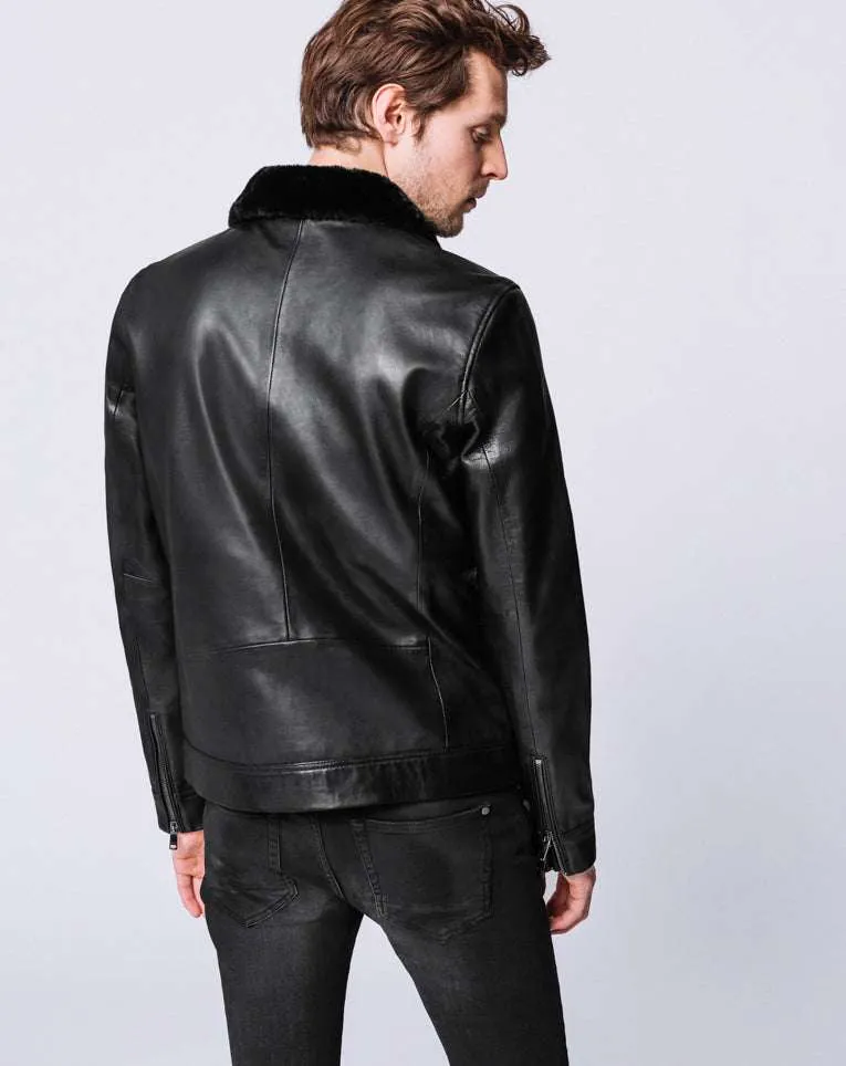 BLOUSON CUIR COL FOURRURE