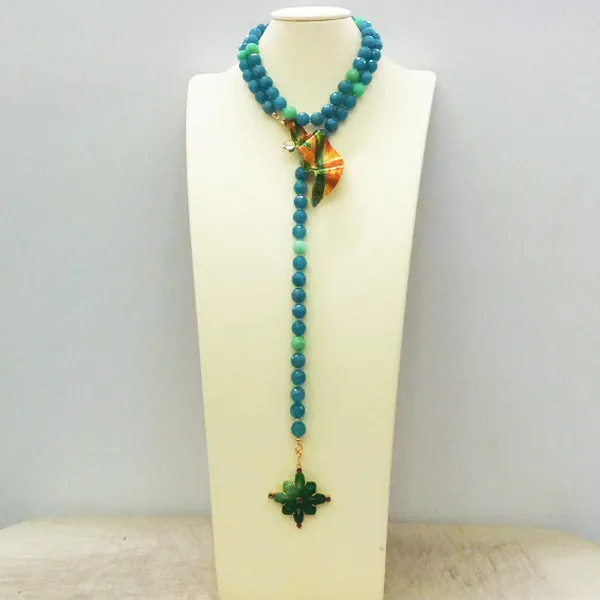 Blue Jade and Green Jade Lariat Style Necklace with Hand Painted Leaf Brooch Pin wiht Green Jade and Rhodolite Garnett Pendant