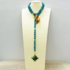 Blue Jade and Green Jade Lariat Style Necklace with Hand Painted Leaf Brooch Pin wiht Green Jade and Rhodolite Garnett Pendant