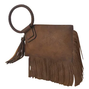 Brown NGIL Faux Leather Fringe Wristlet