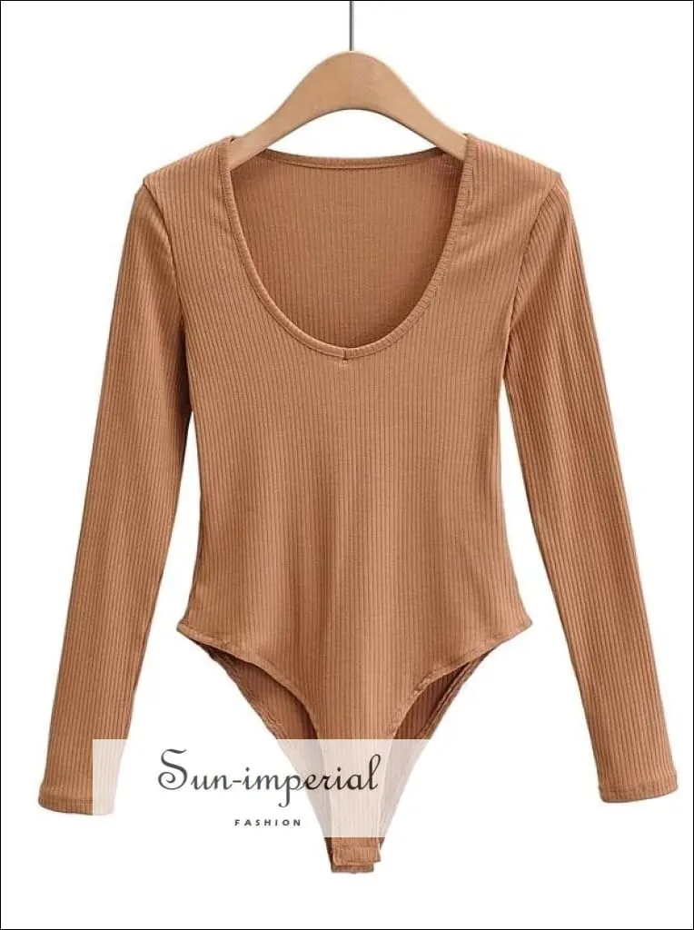 Camel V Neck Long Sleeve Ribbed Bodysuit