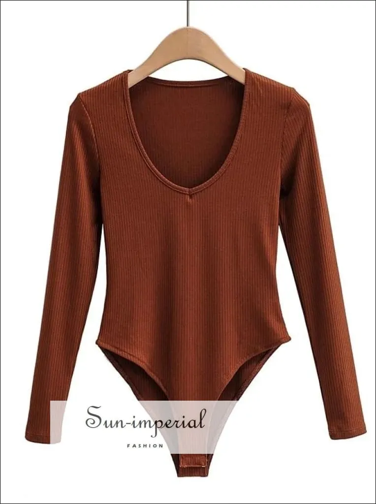 Camel V Neck Long Sleeve Ribbed Bodysuit