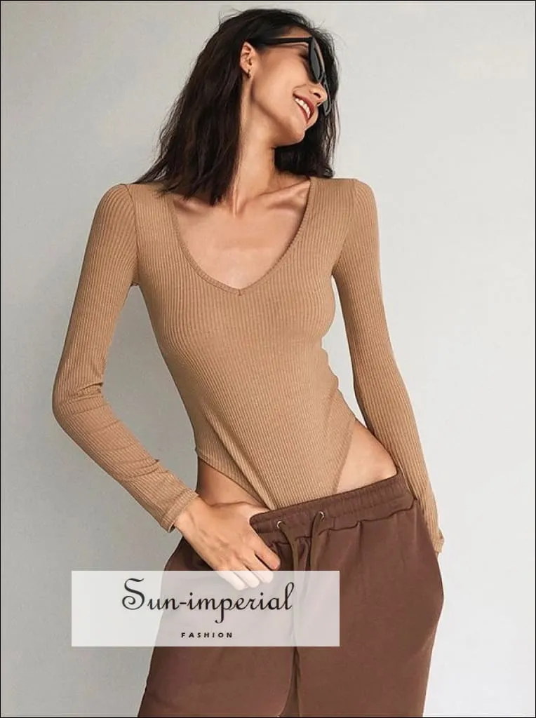 Camel V Neck Long Sleeve Ribbed Bodysuit