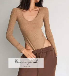 Camel V Neck Long Sleeve Ribbed Bodysuit