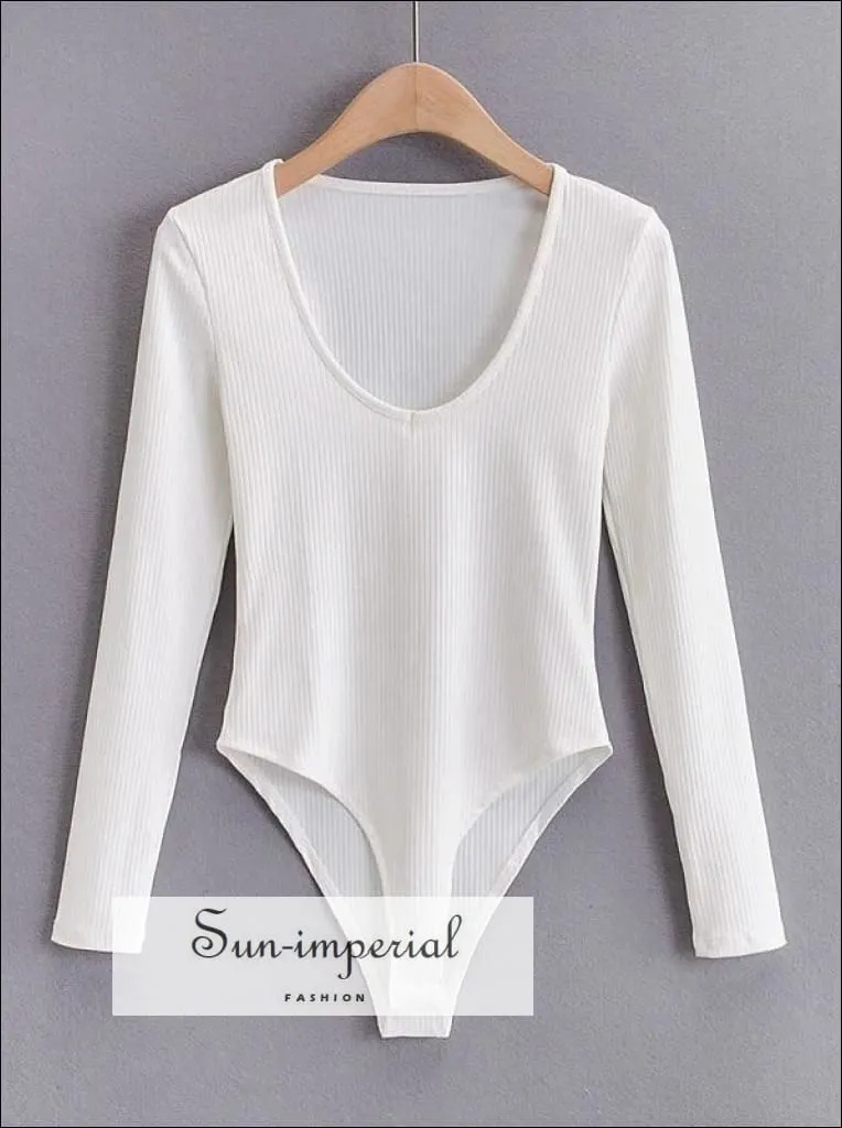 Camel V Neck Long Sleeve Ribbed Bodysuit