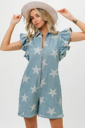 Explore More Collection - BiBi Ruffled Star Half Zip Denim Romper