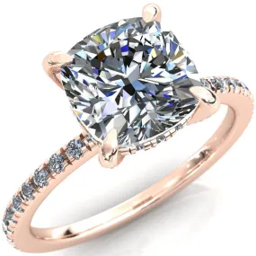 Ezili 8.5mm or 2.8 Cts. DEW Cushion Moissanite 4 Claw Prong Micro Pave Diamond Sides Engagement 14K Rose Gold Ring