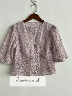 Hearts Print Half Sleeve Women O Neck Blouse Canter Buttons and Ruffled detail top