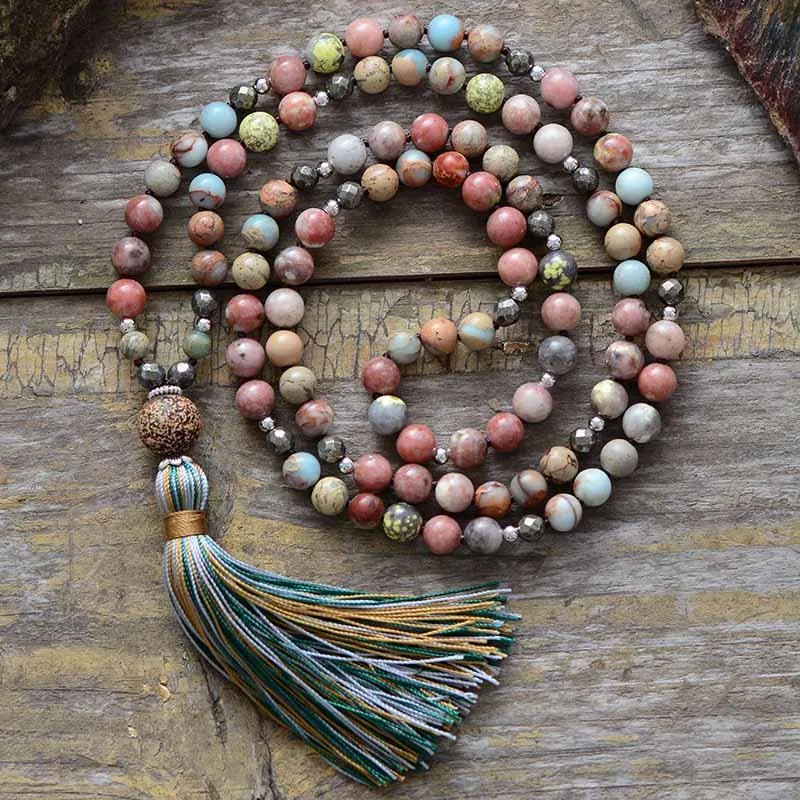 Pyrite Tassel Agate Pyrite 108 Mala Necklace