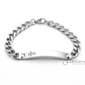 Stainless Steel Men's ID Bracelet with Cubic Zirconia Cross