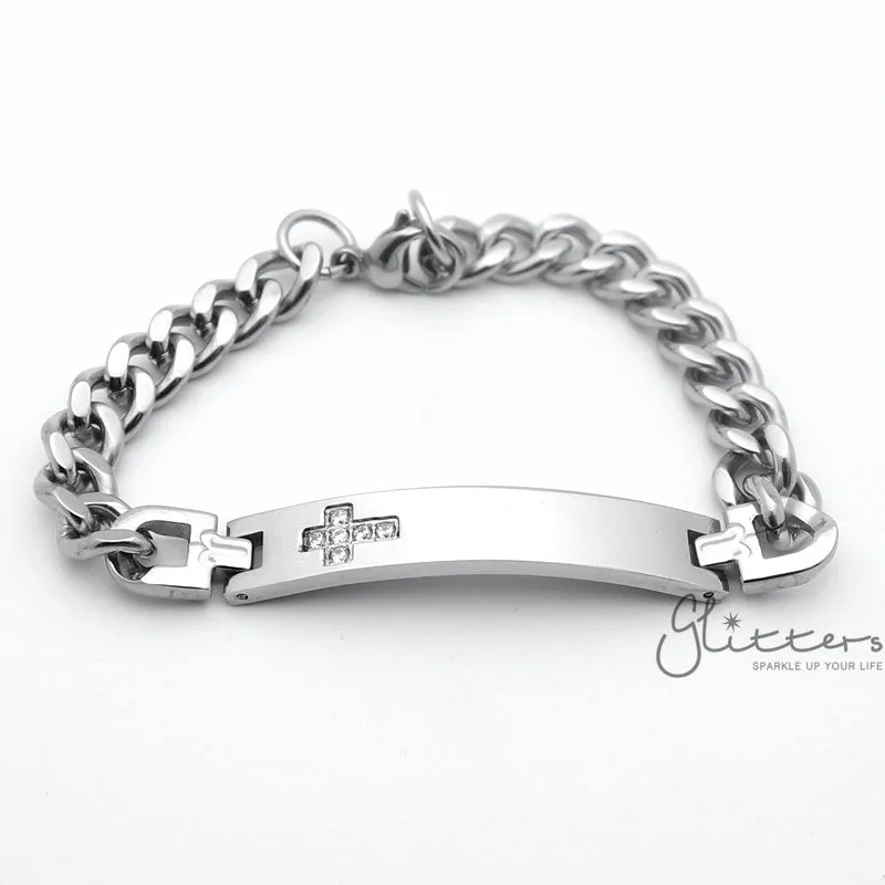 Stainless Steel Men's ID Bracelet with Cubic Zirconia Cross